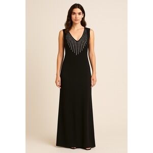 Cache Women's Dress Black Maxi A-Line Stretch Sleeveless M V- Neck Studded